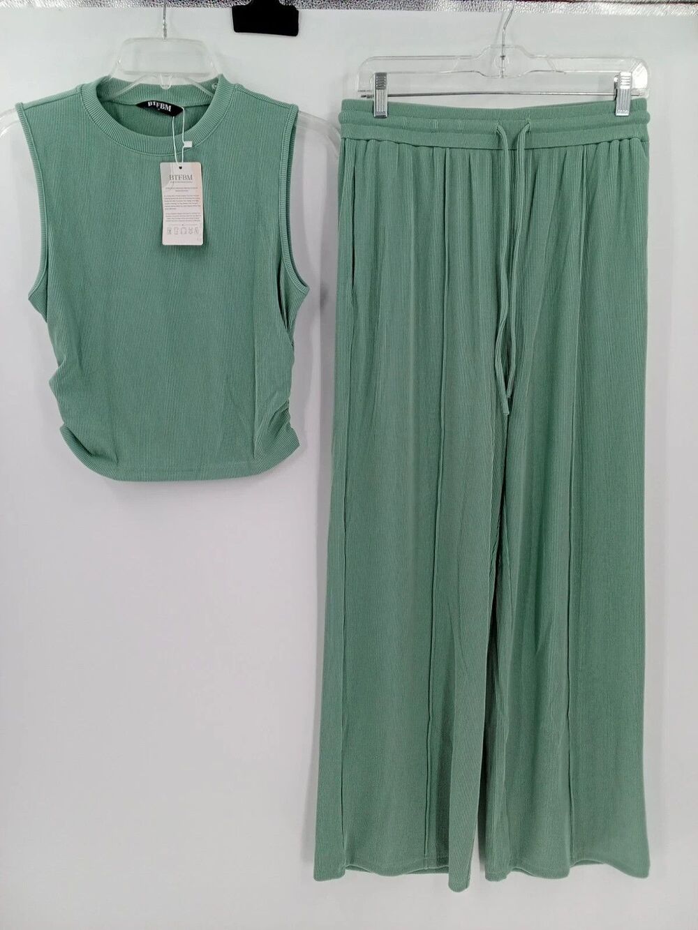 BTFBM Women's Casual Two-piece Ribbed Outfit Wide Leg Pants S